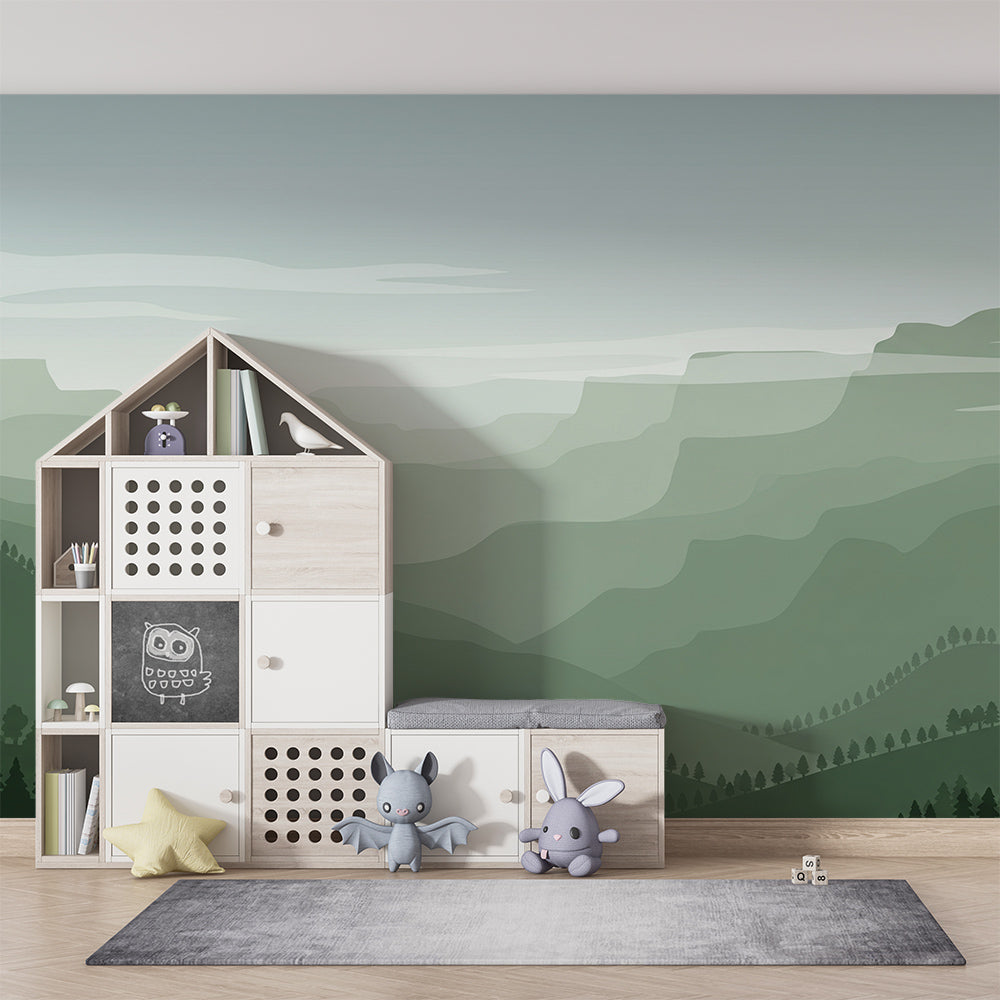 Kids-Mundo misty mountain wall mural bringing calm, open scenery to a playroom