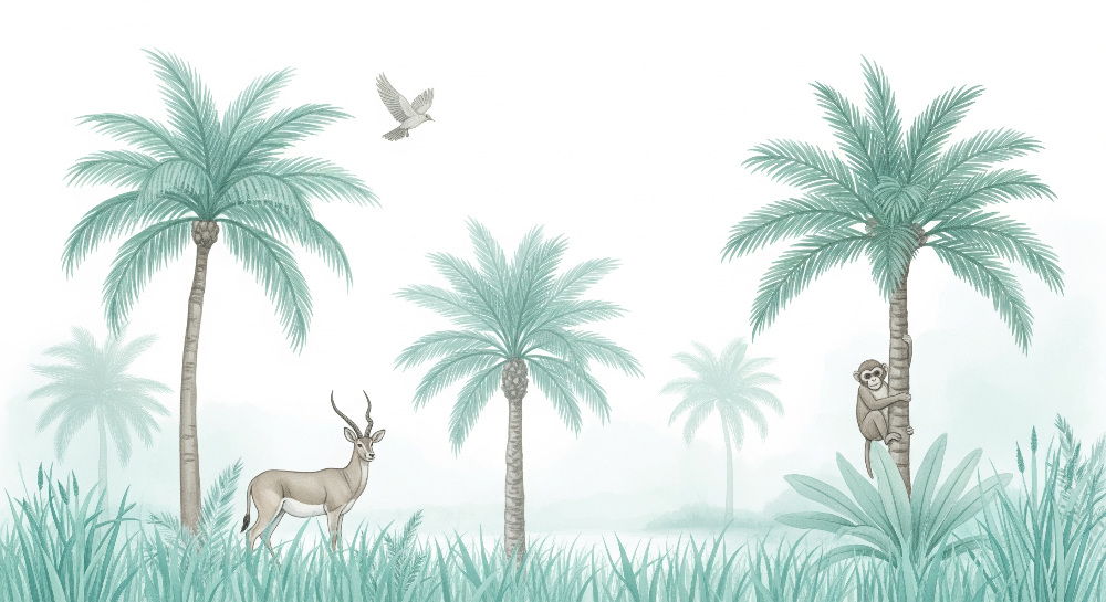 Misty Jungle Antelope and Monkey Wall Mural