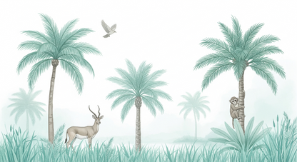 Kids-Mundo flat artwork of a misty sage jungle with an antelope, monkey and dove