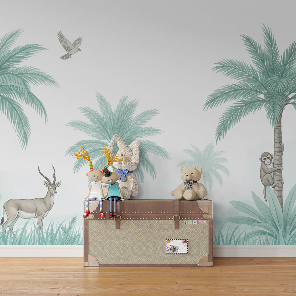 Kids-Mundo misty jungle mural with antelope and monkey styled on a playroom wall