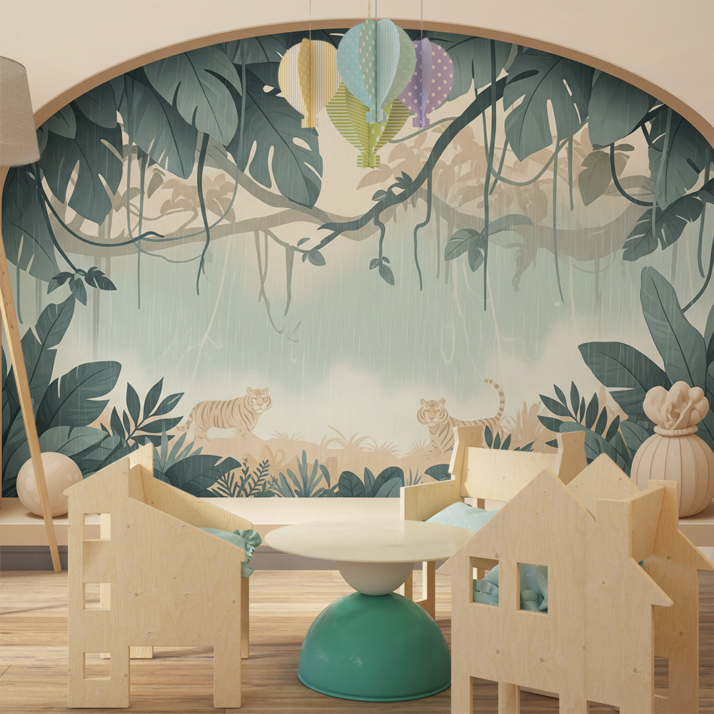Kids-Mundo arched jungle tiger mural bringing tropical calm to a kids bedroom