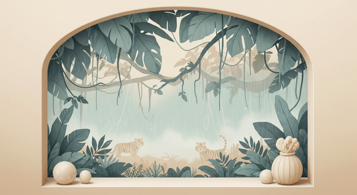 Misty Jungle Tigers Arched Alcove Wall Mural