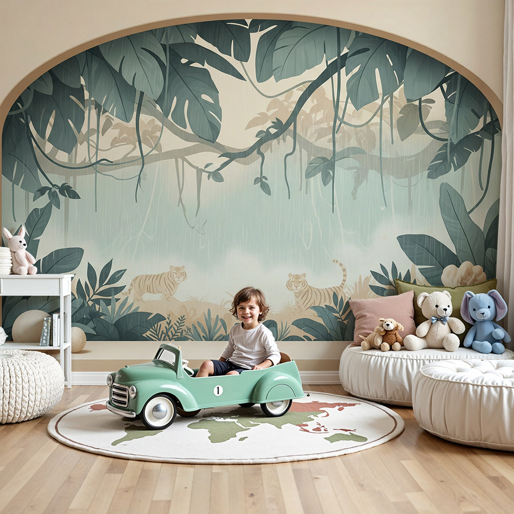 Kids-Mundo misty jungle tiger arch wall mural styled in a calm sage-toned nursery