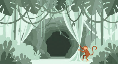 Kids-Mundo flat artwork of a monkey parting jungle vines beside a hidden cave in soft sage green.