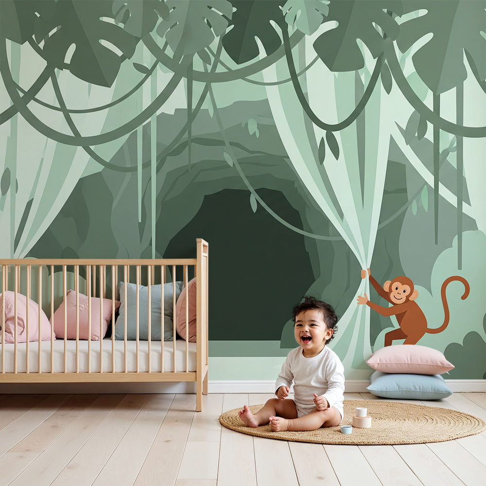 Kids-Mundo jungle cave monkey wall mural installed in a calm nursery with soft green tones and a cot.