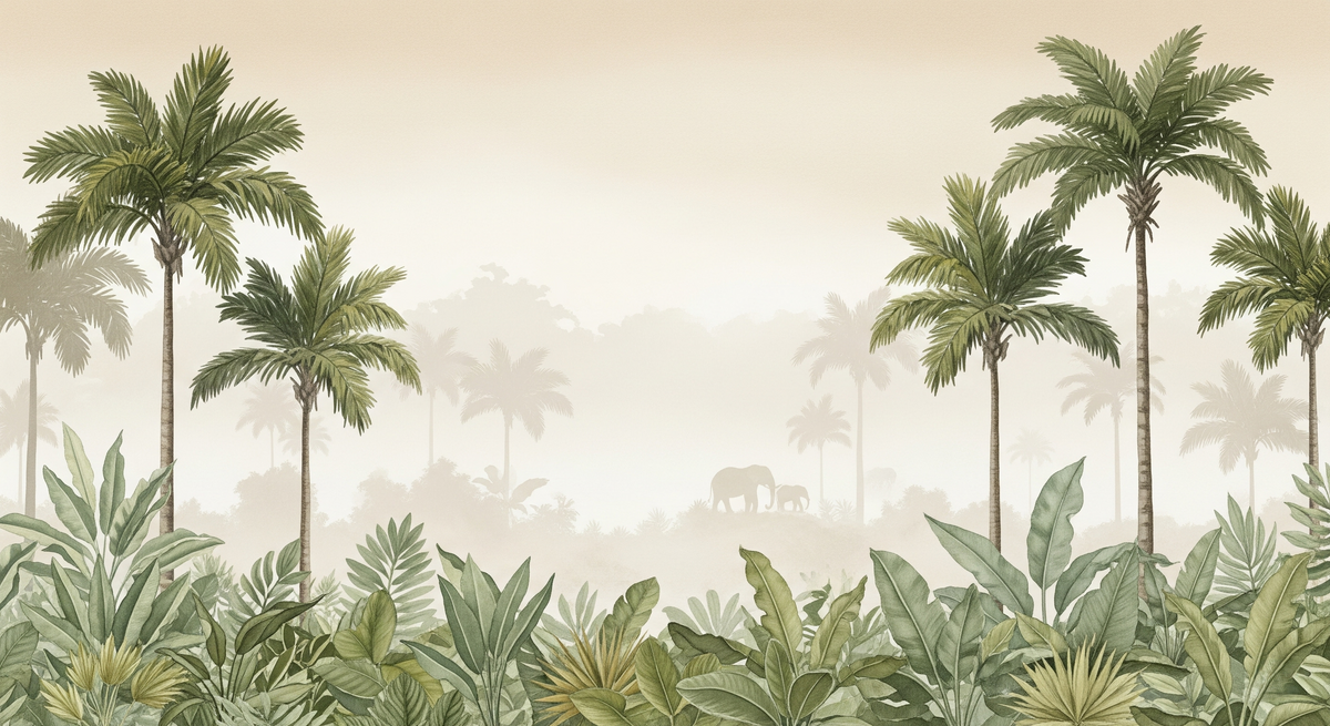 Misty Jungle Palms and Elephants Wall Mural