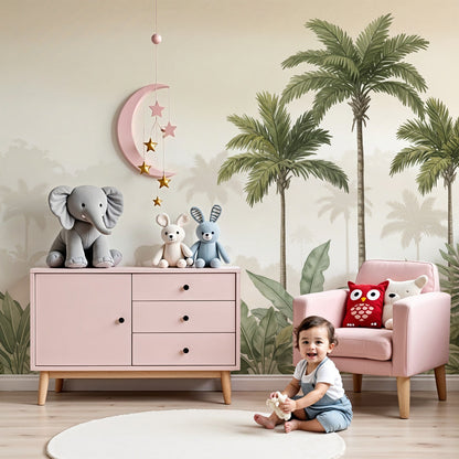 Kids-Mundo misty jungle wall mural with palm trees and elephants in a calm nursery
