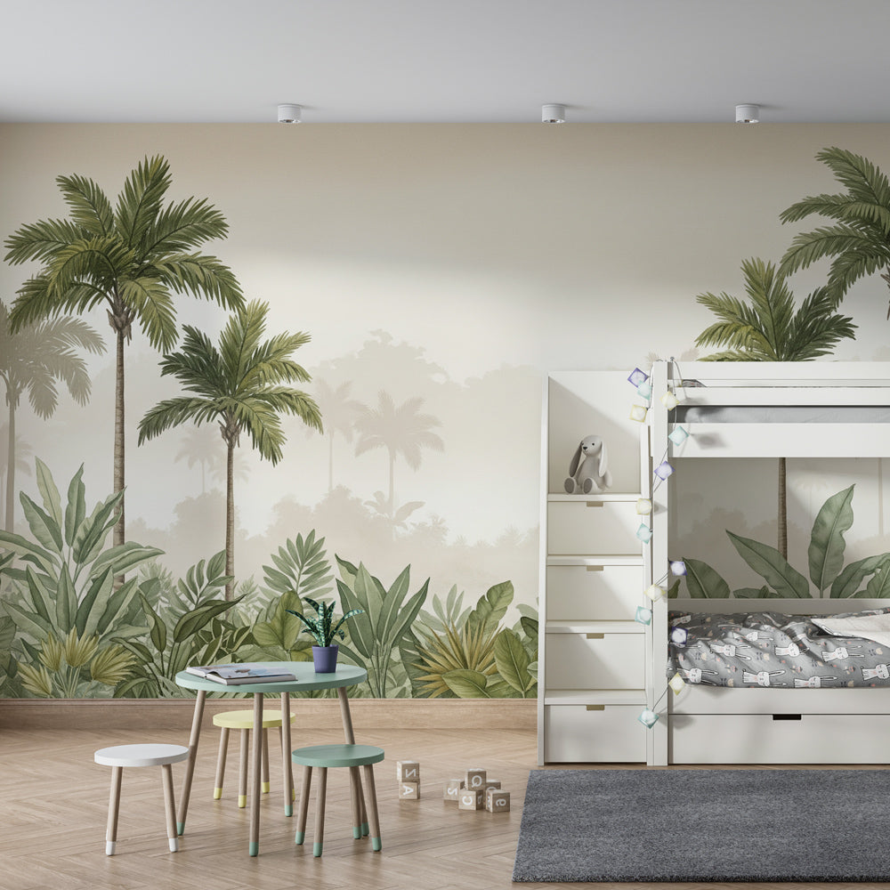 Kids-Mundo misty jungle wall mural bringing elegant calm to a children's playroom