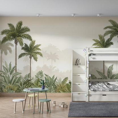 Kids-Mundo misty jungle wall mural bringing elegant calm to a children's playroom