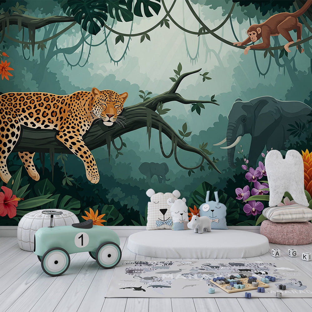 Kids-Mundo leopard and elephant jungle wall mural styled in a child's bedroom