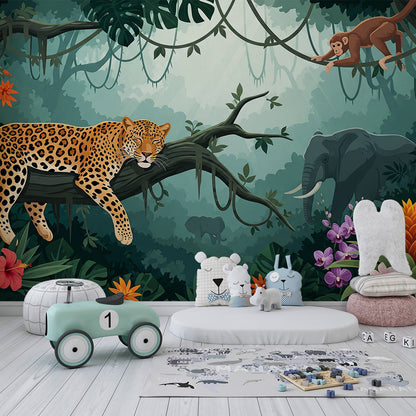 Kids-Mundo leopard and elephant jungle wall mural styled in a child's bedroom