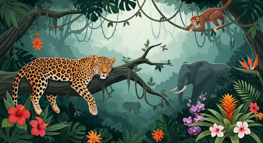 Leopard and Elephant Misty Jungle Wall Mural