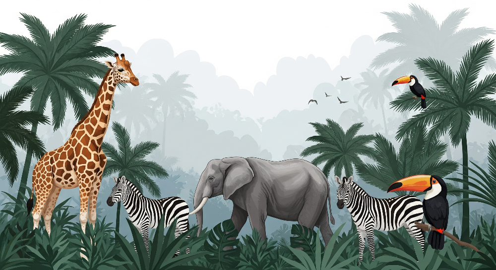 Kids-Mundo illustrated artwork of a misty jungle with giraffe, zebras, elephant and toucans
