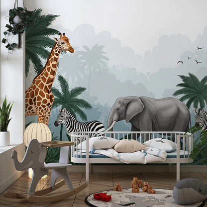 Kids-Mundo misty jungle wall mural bringing safari animals into a playroom