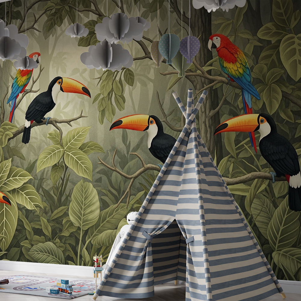 Kids-Mundo jungle wall mural featuring toucans and scarlet macaws in a playroom