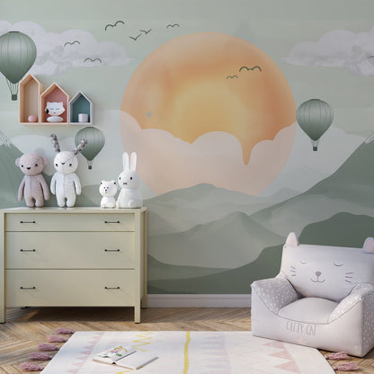 Kids-Mundo mountain and balloon wall mural covering a feature wall in a bright playroom