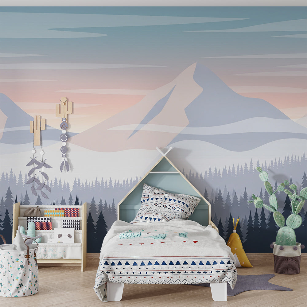 Kids-Mundo mountain wall mural covering a feature wall in a peaceful kids bedroom