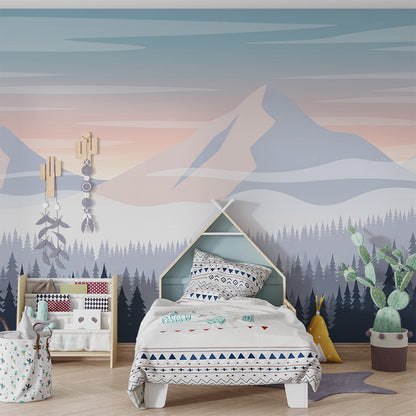 Kids-Mundo mountain wall mural covering a feature wall in a peaceful kids bedroom