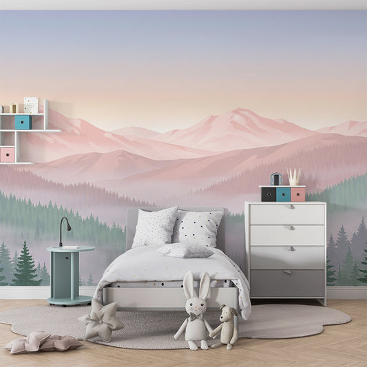 Kids-Mundo misty mountain wall mural in a kids' bedroom with layered pine forest