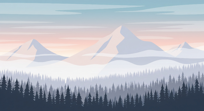Flat artwork preview of the Kids-Mundo mountain and misty forest wall mural in soft dawn tones