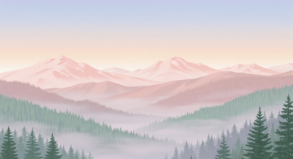 Kids-Mundo flat artwork of layered pink mountains and a green pine forest at dawn