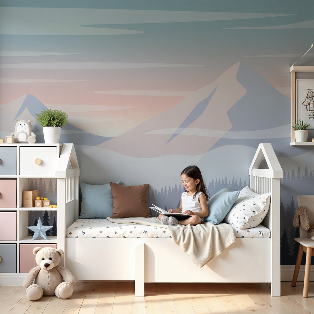 Kids-Mundo mountain and misty forest wall mural styled behind a cot in a calm nursery