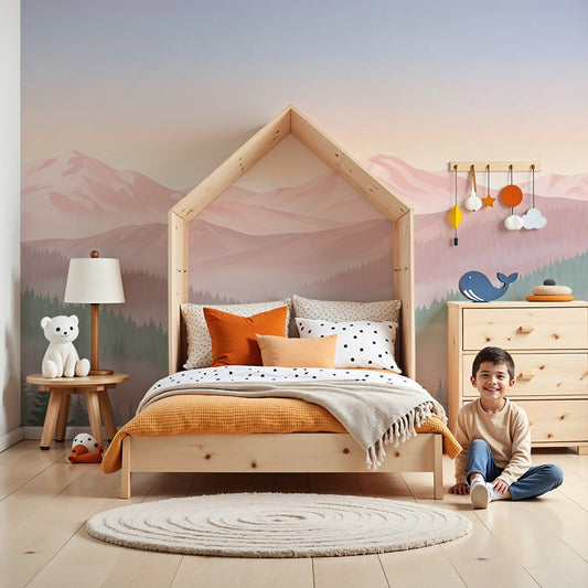 Kids-Mundo mountain forest wall mural in a calm nursery with a cot and soft pastel tones