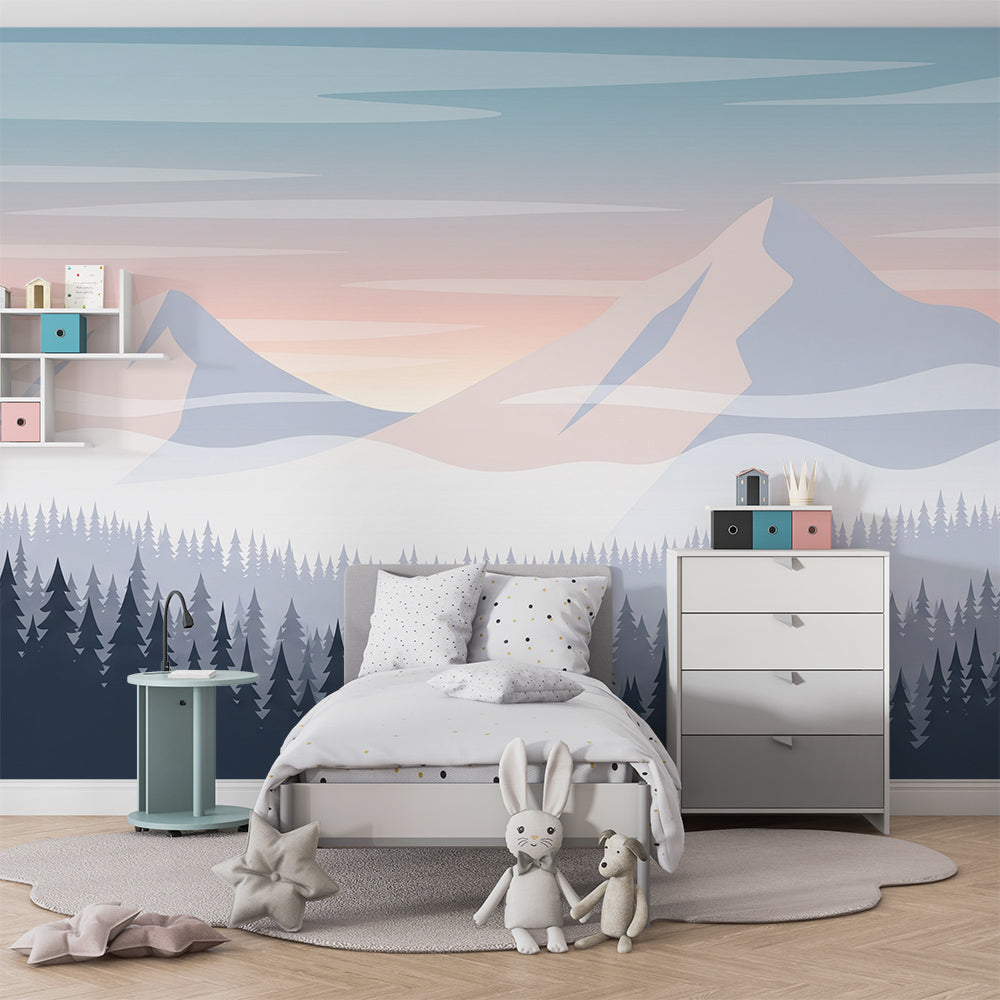 Kids-Mundo misty mountain forest wall mural covering a wall in a bright children's playroom