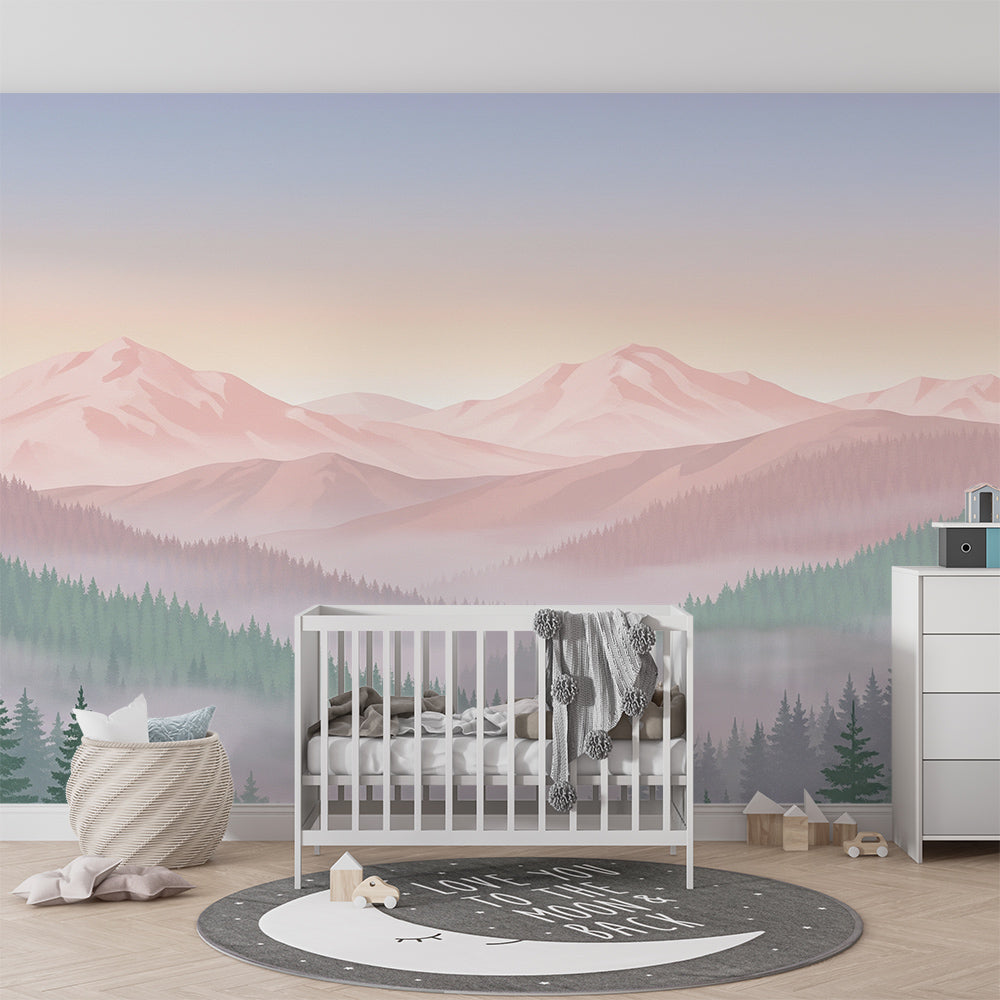 Kids-Mundo mountain forest mural brightening a playroom wall with a soft misty landscape
