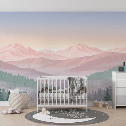 Kids-Mundo mountain forest mural brightening a playroom wall with a soft misty landscape
