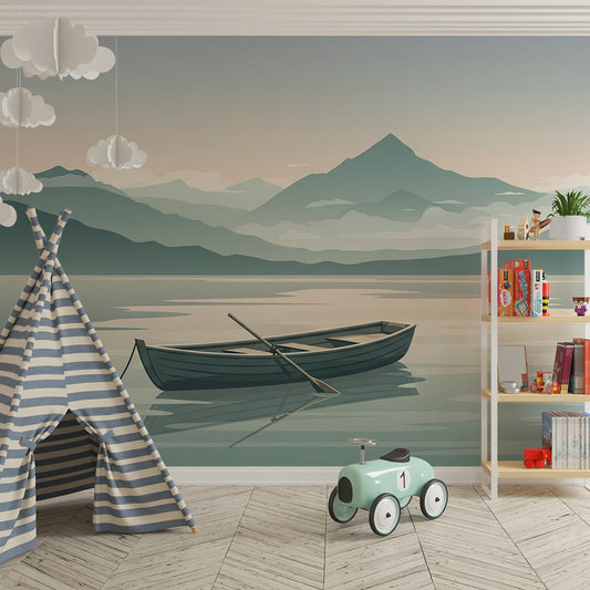 Kids-Mundo misty mountain lake mural on a wall in a child's bedroom, showing a calm rowboat on still water.
