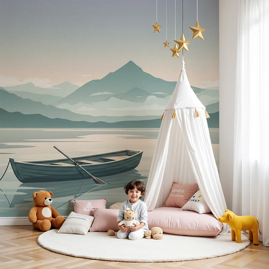 Kids-Mundo mountain lake wall mural with a rowboat, styled as calming made-to-measure wallpaper in a baby's nursery.