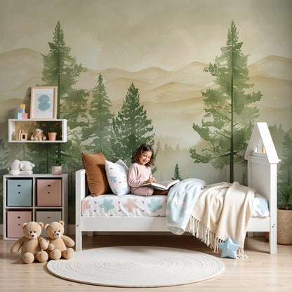 Kids-Mundo misty pine forest wall mural styled in a calm green-toned nursery.