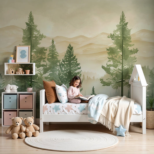 Kids-Mundo misty pine forest wall mural styled in a calm green-toned nursery.