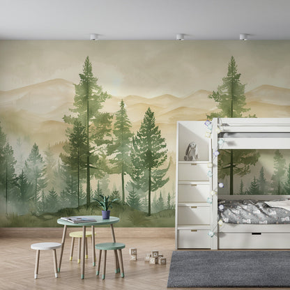 Kids-Mundo forest and mountain wall mural bringing calm scenery to a playroom.