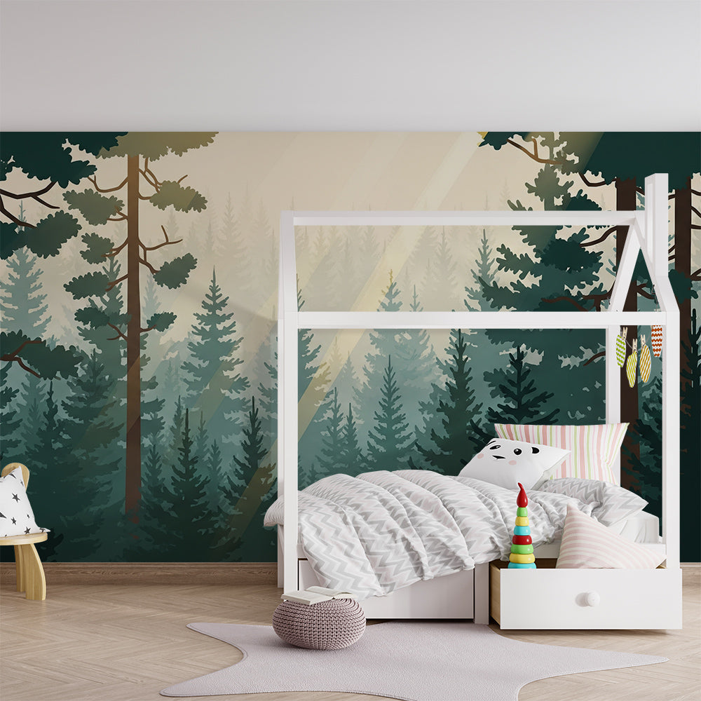 Kids-Mundo enchanted pine forest mural on a feature wall in a children's bedroom