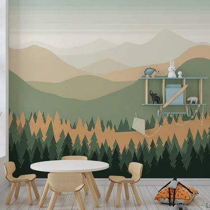 Kids-Mundo pine mountain wall mural forming a soft feature wall in a kids bedroom