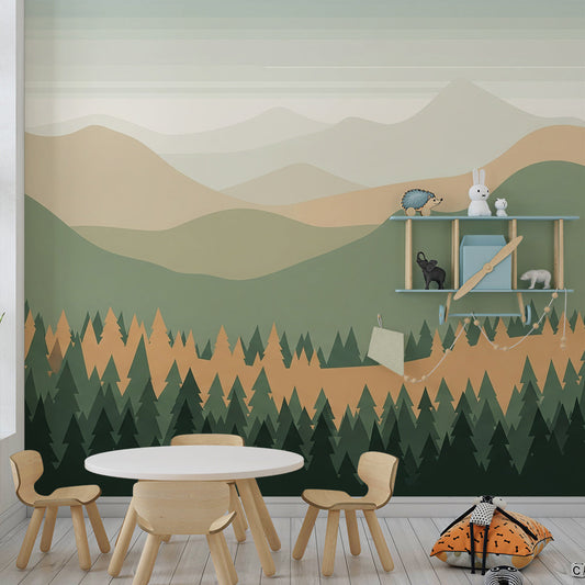 Kids-Mundo pine mountain wall mural forming a soft feature wall in a kids bedroom