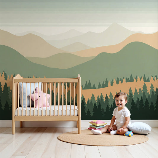 Kids-Mundo misty green mountain wall mural styled in a calm neutral nursery room
