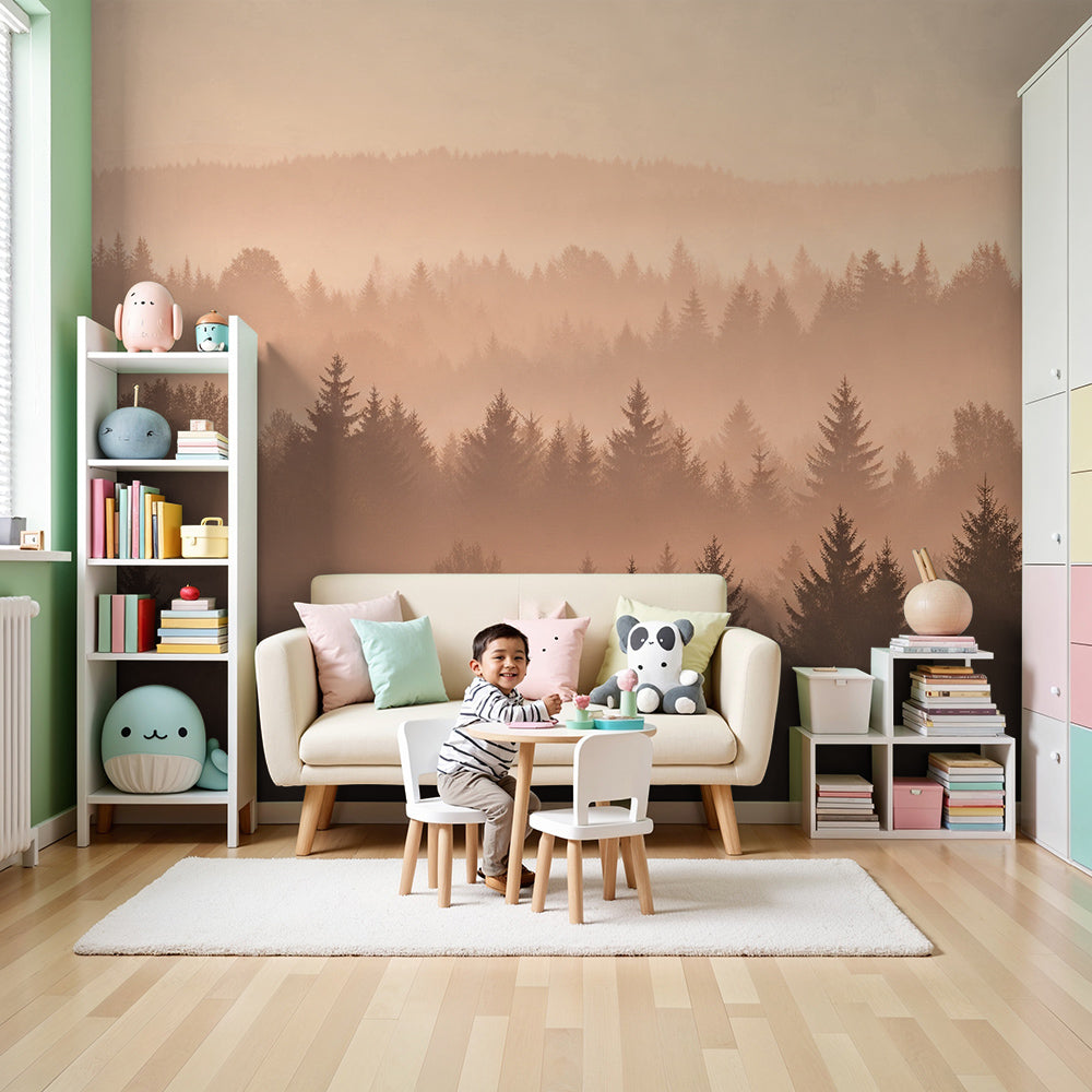 Kids-Mundo misty sunrise forest wall mural styled in a warm, calming nursery room
