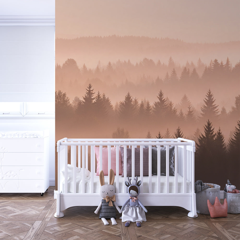 Kids-Mundo misty forest wall mural creating a peaceful woodland playroom setting