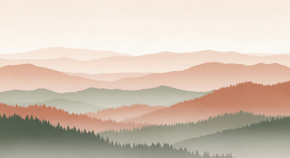 Kids-Mundo misty terracotta mountain wall mural flat artwork showing layered hills at dawn