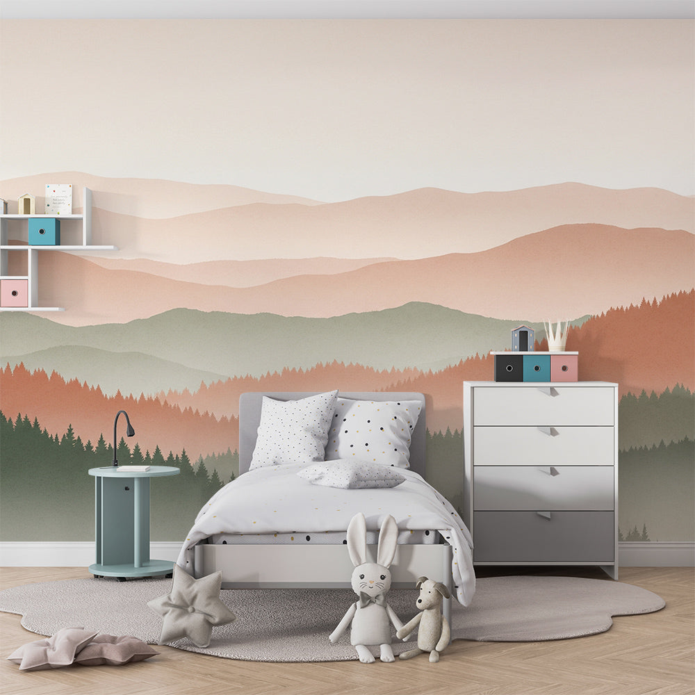 Kids-Mundo mountain wall mural as a soothing backdrop in a bright, tidy playroom corner