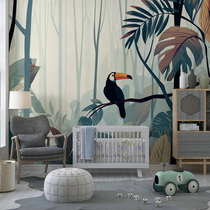 Kids-Mundo toucan forest wall mural in a kids' bedroom, tall misty trees framing the bed against the wall.