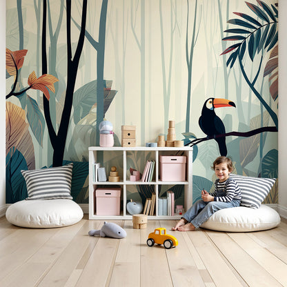 Kids-Mundo misty toucan forest wall mural styled in a nursery, teal and rust tones behind a soft cot.