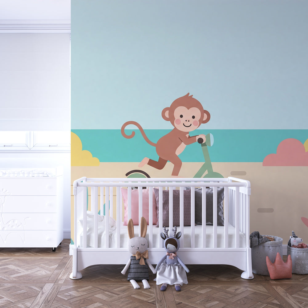 Beach adventure monkey mural wallpaper with palm trees in children's playroom setting