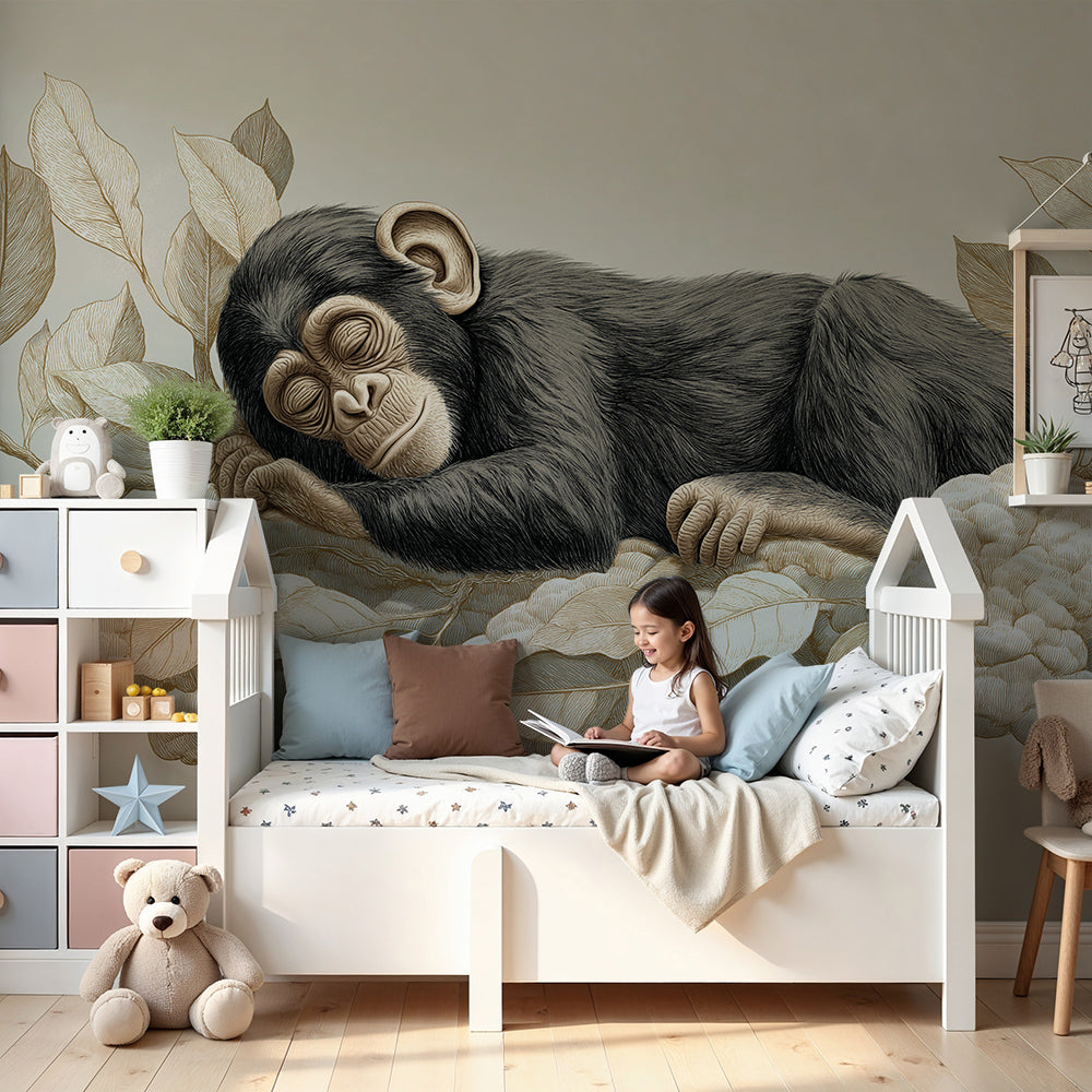 Kids-Mundo sleeping baby monkey wall mural in beige tones on a nursery wall with a cot
