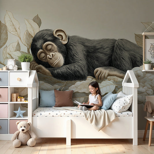 Kids-Mundo sleeping baby monkey wall mural in beige tones on a nursery wall with a cot
