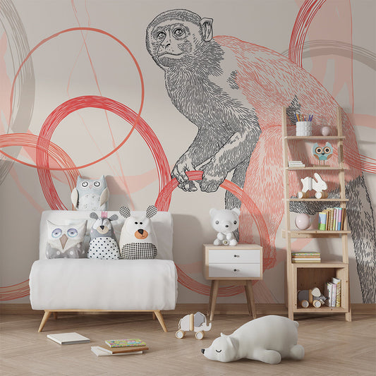 Kids-Mundo coral watercolour monkey wall mural as a feature wall in a kids' bedroom.