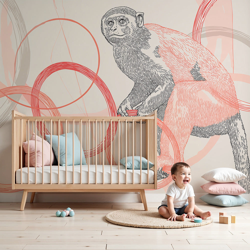 Kids-Mundo sketched monkey and coral watercolour rings mural styled in a calm nursery.